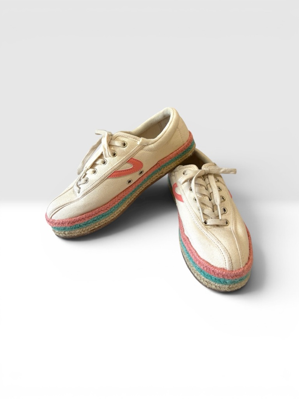 Tretorn Beige Canvas Espadrille Sneakers with Coral & Teal Trim